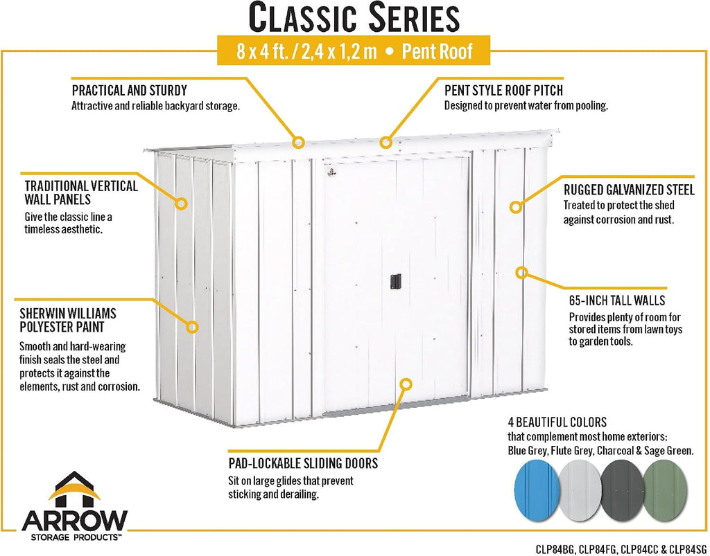 Arrow Classic Steel Storage Shed, 8x4, Flute Grey