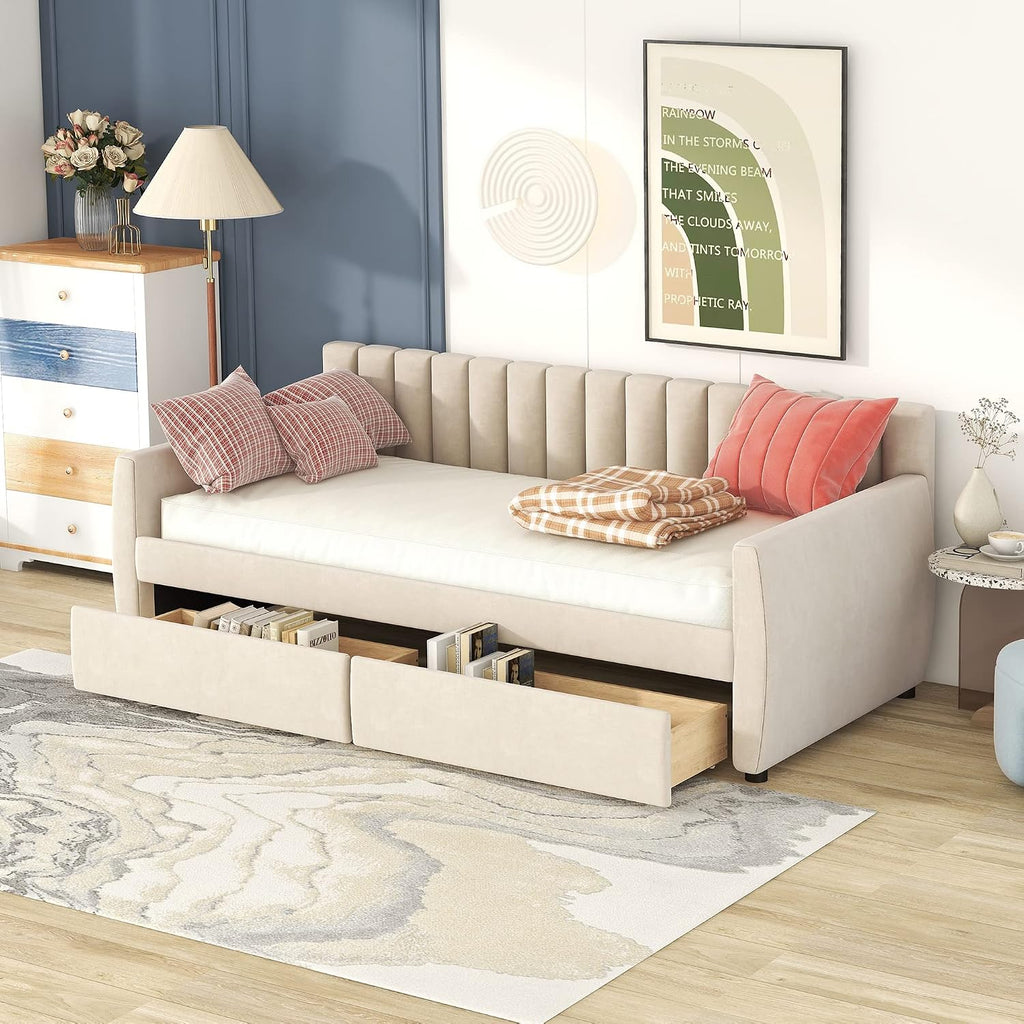 Merax Upholstered Daybed with 2 Drawers, Twin Size Bed Frame with Storage and Wood Slat Support, Beige
