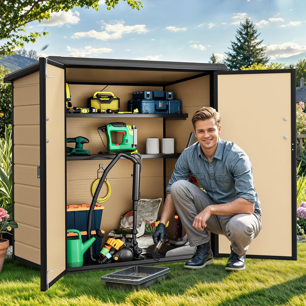 DWVO 4.2x2.6ft Outdoor Storage Shed with 2 Shelves, 54 Cu Ft Waterproof Resin Garden Shed with Floor & Lockable Door, Plastic Tool Cabinet for Garbage Cans, Lawn Equipment, Garden Supplies (Brown)