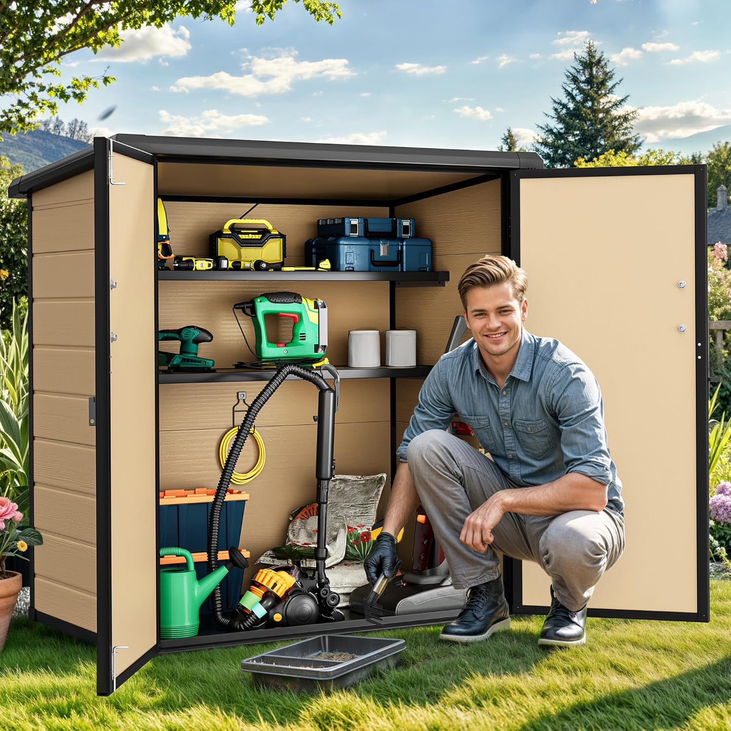 DWVO 4.2x2.6ft Outdoor Storage Shed with 2 Shelves, 54 Cu Ft Waterproof Resin Garden Shed with Floor & Lockable Door, Plastic Tool Cabinet for Garbage Cans, Lawn Equipment, Garden Supplies (Brown)