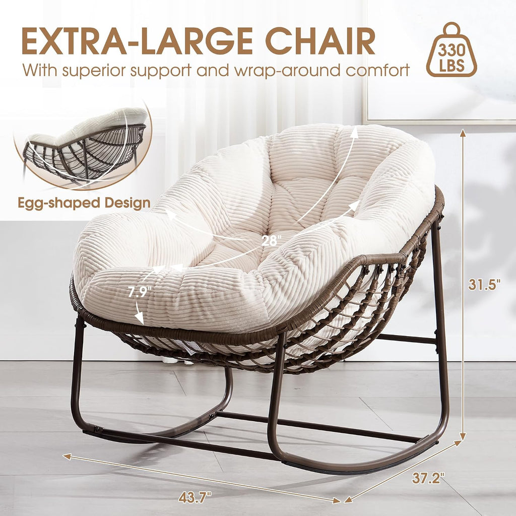 Oversized Papasan Rocking Chair - Outdoor Luxury Comfy Patio Chair, Indoor Egg Royal Rattan Rocking Chair with Strip Velvet Cushion for Front Porch Lounge Lawn Bedroom Living Room (White)