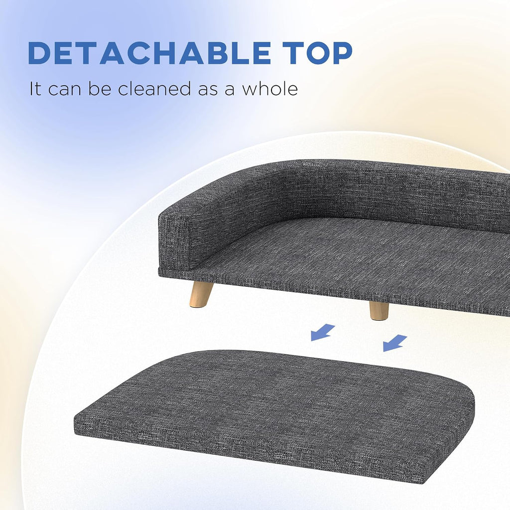 PawHut Dog Sofa Couch, Pet Bed with Comfortable Luxury Cushion, Washable Cover, Wooden Legs, Anti-Slip Mat for Large Dogs, Cats, Kittens, Dark Gray