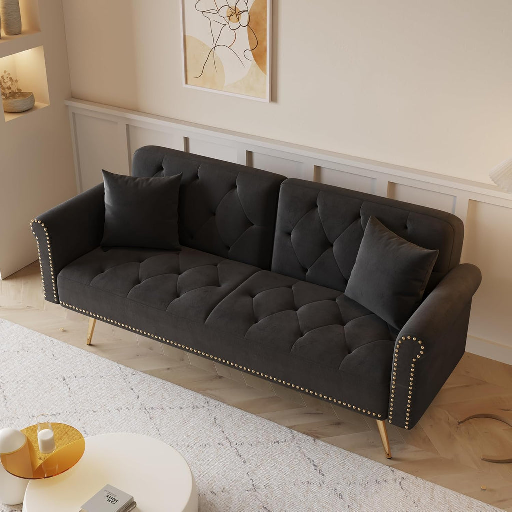 Convertible Futon Sofa Bed , Adjustable Sleeper Couch Modern Velvet Tufted Recliner Reversible Loveseat Folding Daybed Guest Bed Sofacama w/ Nailhead Trim and Golden Metal Legs for Living Room Office