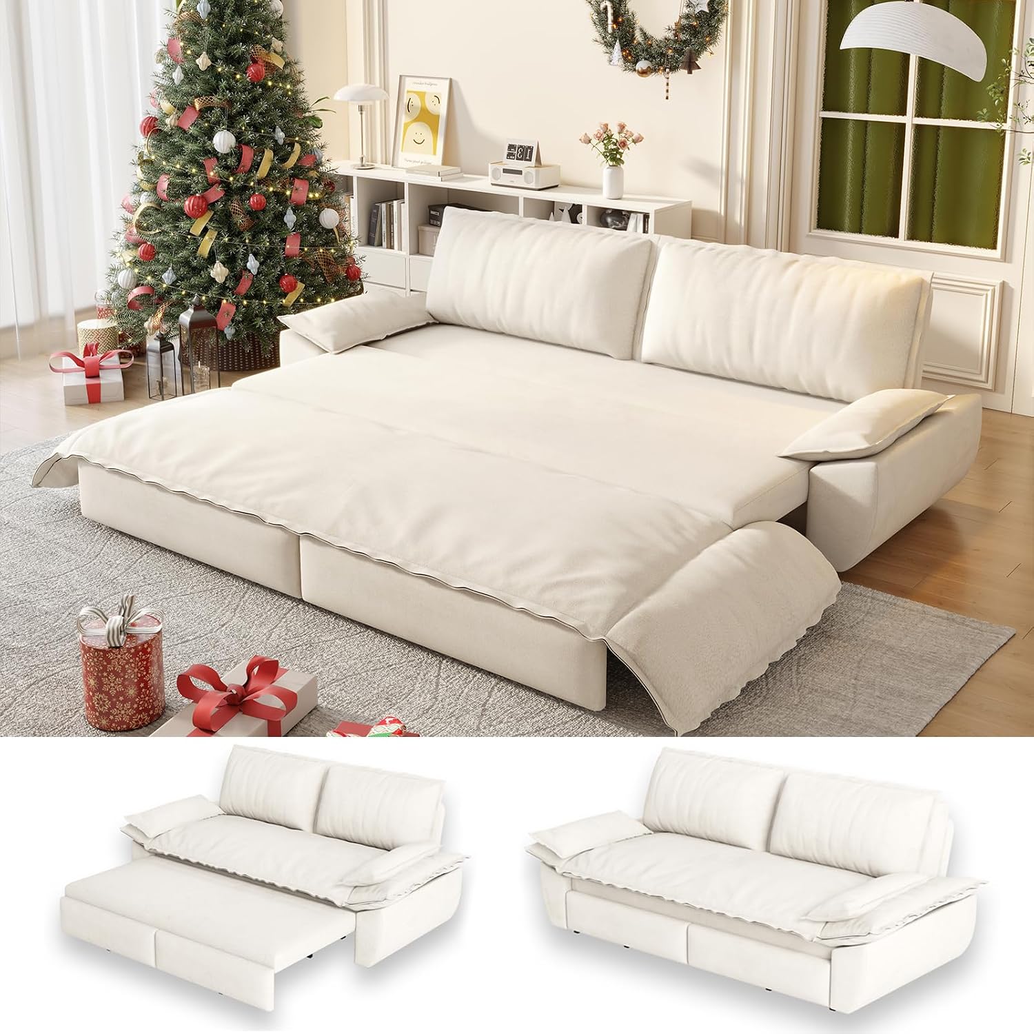 70.1' Sofa Bed Queen Size, Pull Out Couch Bed, 3-in-1 Convertible Sleeper Sofa with Cushion Armrest, Modern Velvet Futon Couch for Living Room, Small Space, Apartment, Bedroom, Beige