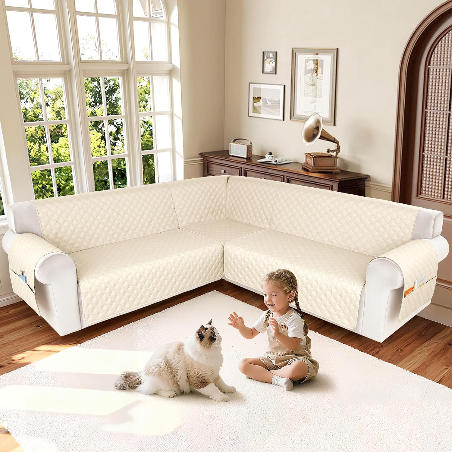 HDCAXKJ Waterproof Sectional Couch Cover L Shaped Sofa Covers Washable Corner Sectional Slipcovers Dog Pet Proof U Shape Furniture Protector with Upgraded Anti Slip Strips (XX-Large, Beige)