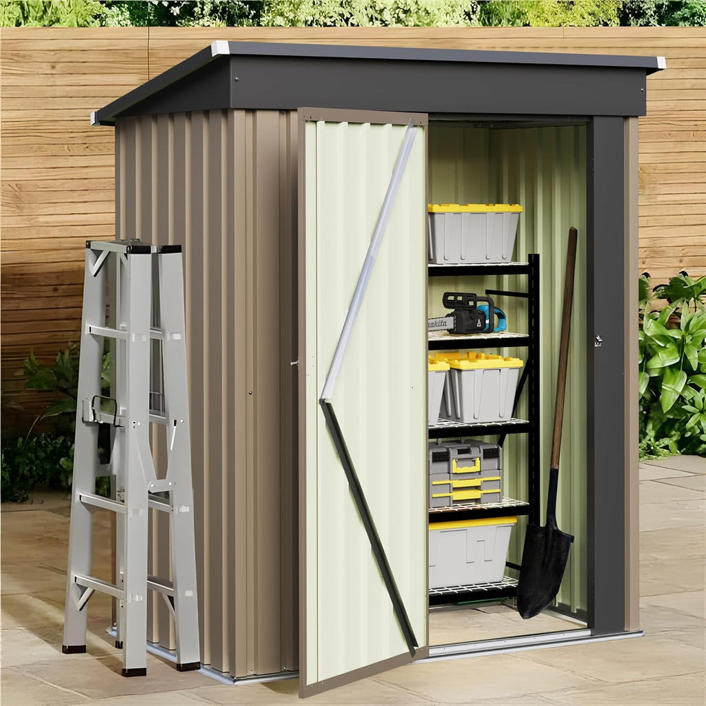 JUMMICO Metal Outdoor Storage Shed 5 x 3 FT Metal Shed with Lockable Door,Waterproof Garden Tool Shed Storage House for Backyard Patio Lawn, Brown