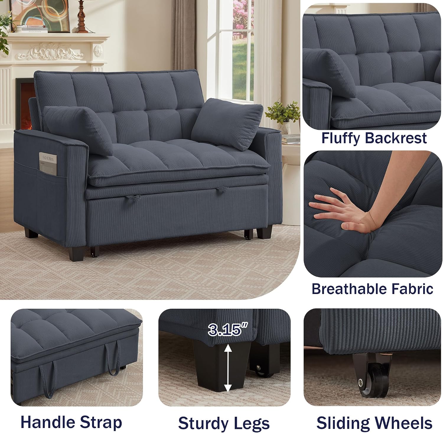 Sleeper Sofa with Pull Out Couch Bed, 48' Convertible Pull-Out Sofa Bed Chair, 3-in-1 Futon Couch with Reclining Backrest and Side Pockets for Living Room Bedroom Apartment, Dark Grey