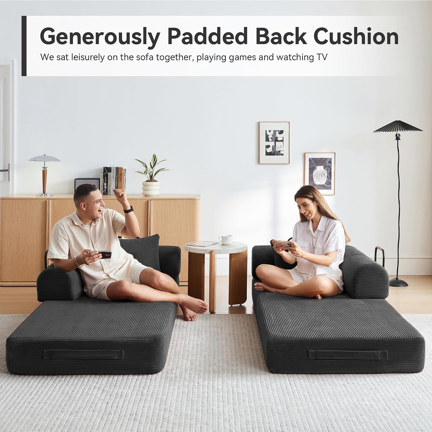 Convertible Sleeper Bed with 2 Cylindrical Pillow, Comfy Foldable Bed Compressed Sofa in Box, Floor Sofa Lounge Couch for Living Room Bedroom Lounge Studio, Tool-Free Assembly (Black)