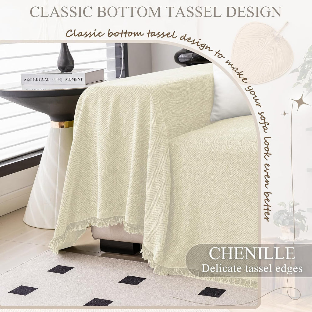 ALIECOM Corner Sectional Couch Covers L Shape Sofa Cover with Tassel Chenille Soft Thick U Shaped Sectional Slipcovers Washable Furniture Protector for Pets Dogs Cats (Beige, 91x251 Inch)