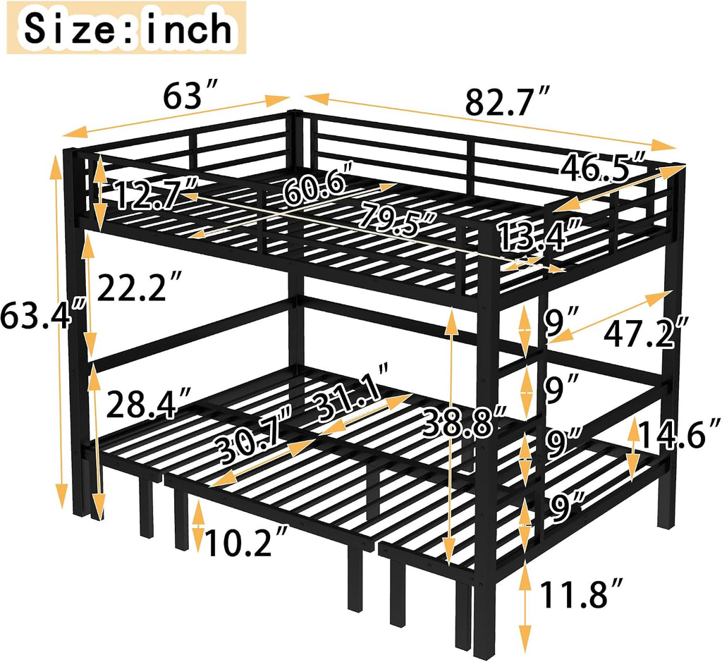 Harper & Bright Designs Queen Over Queen Metal Bunk Bed with Couch, Heavy Duty Bunk Bed Frame with Sofa, Lower Bed Can Be Pulled Out in Three Sections, Black