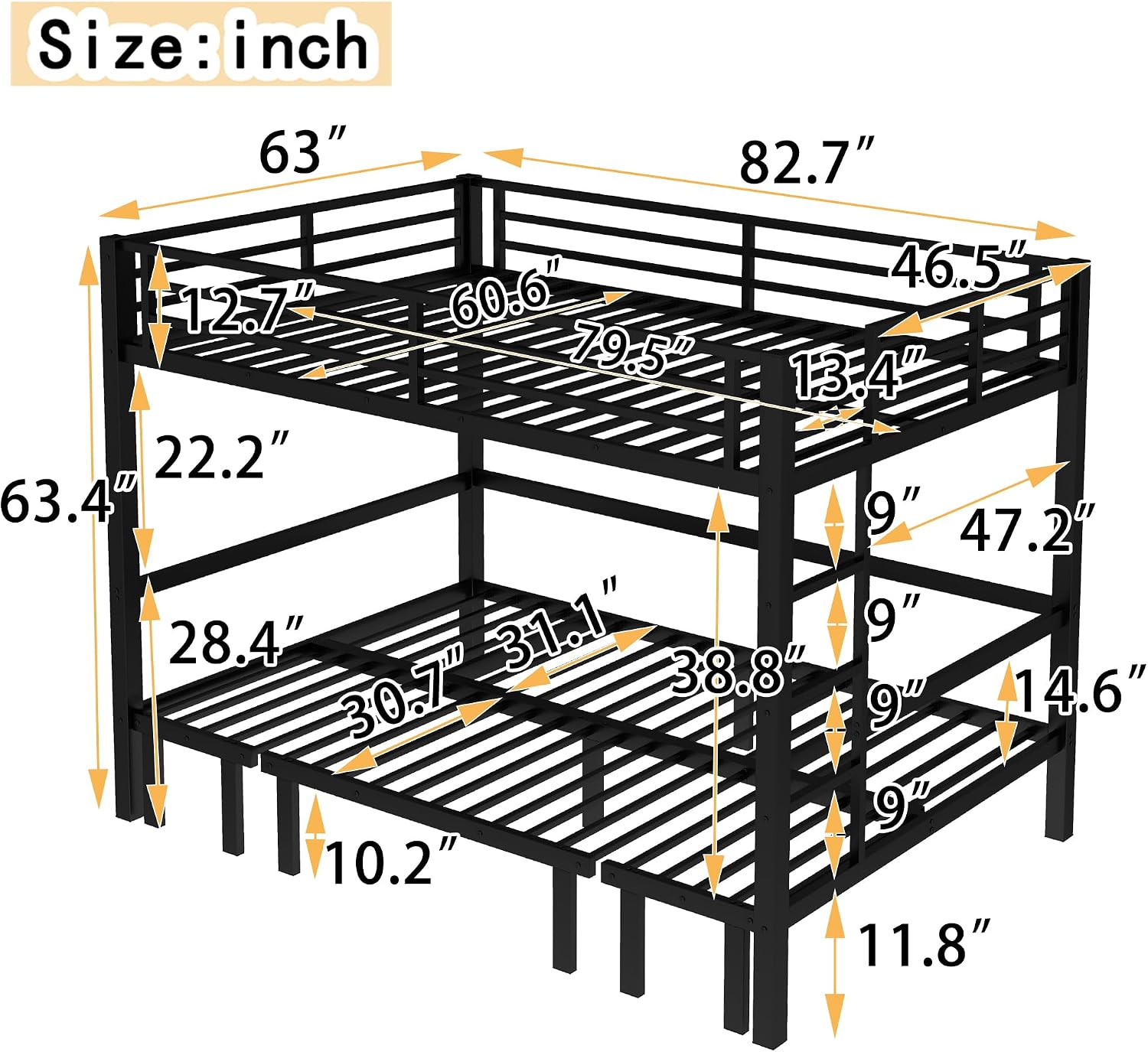 Harper & Bright Designs Queen Over Queen Metal Bunk Bed with Couch, Heavy Duty Bunk Bed Frame with Sofa, Lower Bed Can Be Pulled Out in Three Sections, Black