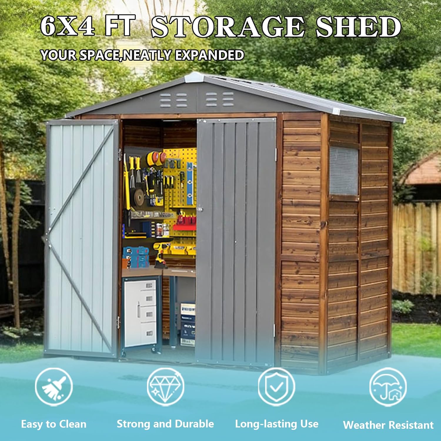 6x4 FT Outdoor Wood Storage Shed, Garden Tool Shed with Windows, Outside Storage Shed Waterproof for Backyard, Garden, Patio, 4 Vents (Without Floor) Wood Color