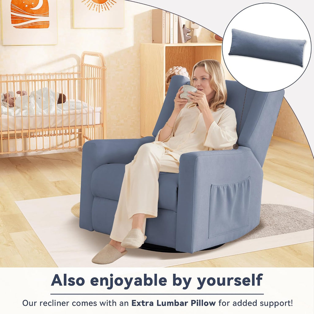Tbfit Nursery Rocking Chair, 360° Swivel Recliner Chair with Lumbar Support for Bedroom, Comfy Upholstered Armchair with Pillows & Footrest for Living Room & Baby Room