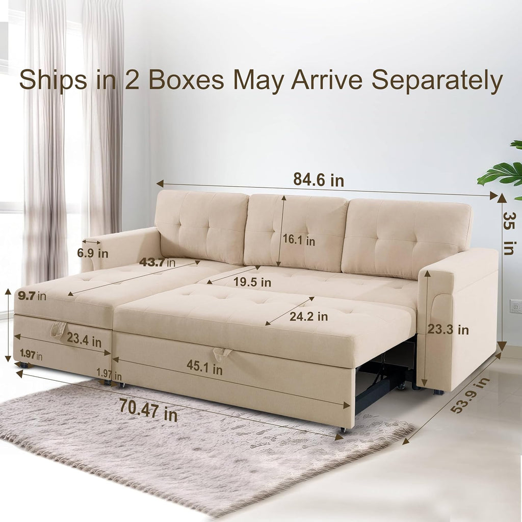 Naomi Home L Shaped Sectional Couch with Storage & Pull Out Bed – 3-in-1 Convertible Sleeper Sofa Bed, Small L Shape Sofa for Living Room, Sofa Bed with Storage Chaise in Beige, Velvet