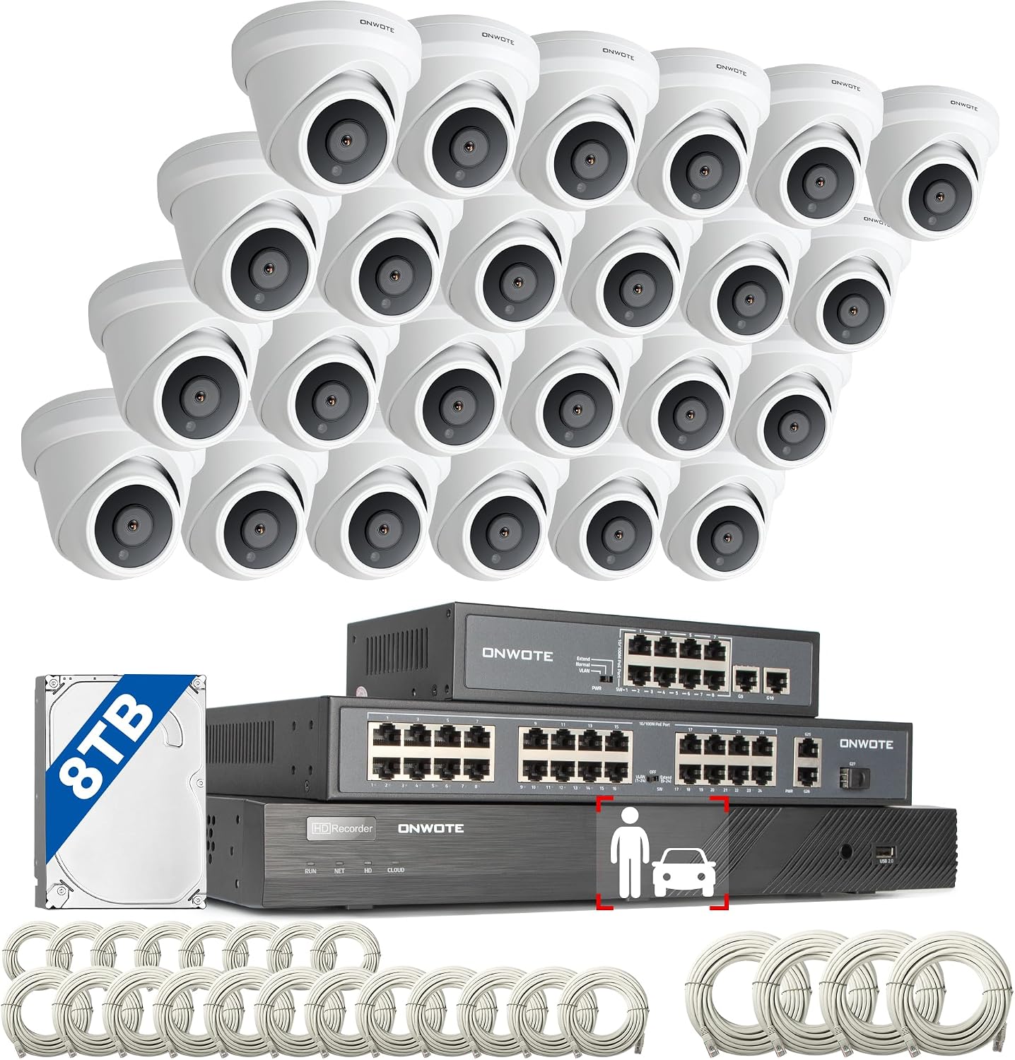 ONWOTE 32 Channel Security Camera System, 12MP 32CH NVR 8TB, 32 Ports PoE Switch, 24x 6MP Outdoor Audio PoE IP Cameras, AI Human Vehicle Detection, 24x Cables-2280ft, Commercial CCTV for Business