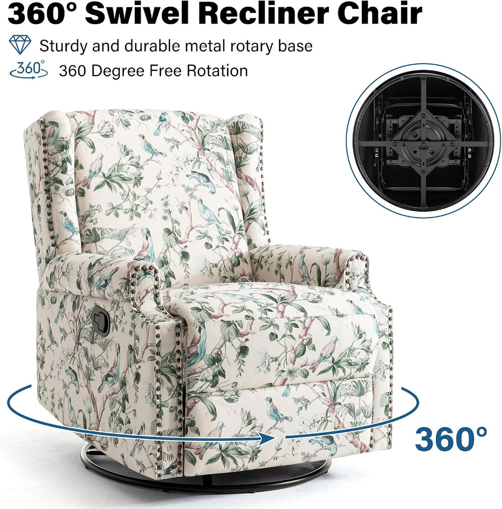 Lumibee Swivel Rocker Recliner Chairs, Set of 2 Printed Fabric Swivel Glider Rocking Chair with High Back, Upholstered Deep Seat Wingback Recliner Chair for Living Room Bedroom, Bird