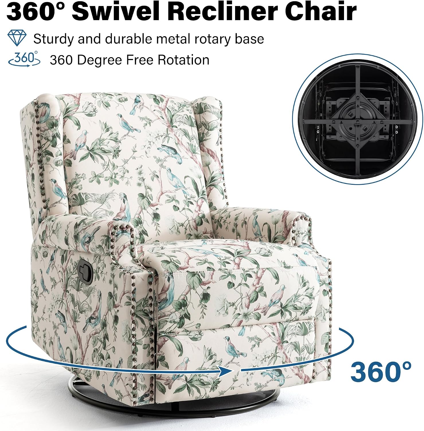 Lumibee Swivel Rocker Recliner Chairs, Set of 2 Printed Fabric Swivel Glider Rocking Chair with High Back, Upholstered Deep Seat Wingback Recliner Chair for Living Room Bedroom, Bird