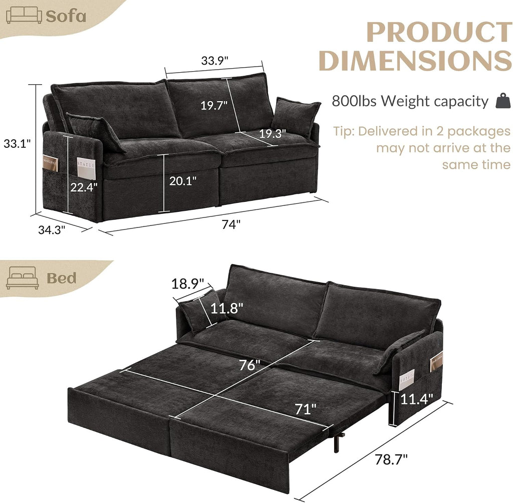 SUNWAVE 74' King Pull Out Sofa Bed - Convertible Sleeper Sofa Bed, Space Saving Corduroy Loveseat Chaise Lounge with USB Charging, Side Pockets for Living Room, Bedroom, Small Spaces(Ink, 74')