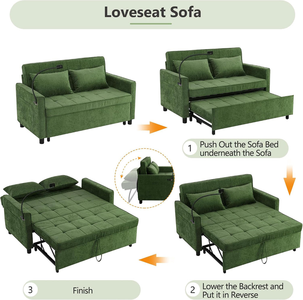 Merax 3 in 1 Convertible Sleeper Sofa Bed, Futon Couches for Living Room with USB Ports | Phone Holder| Reversible Backrest | Pull Out Couch |Small Loveseat, Green