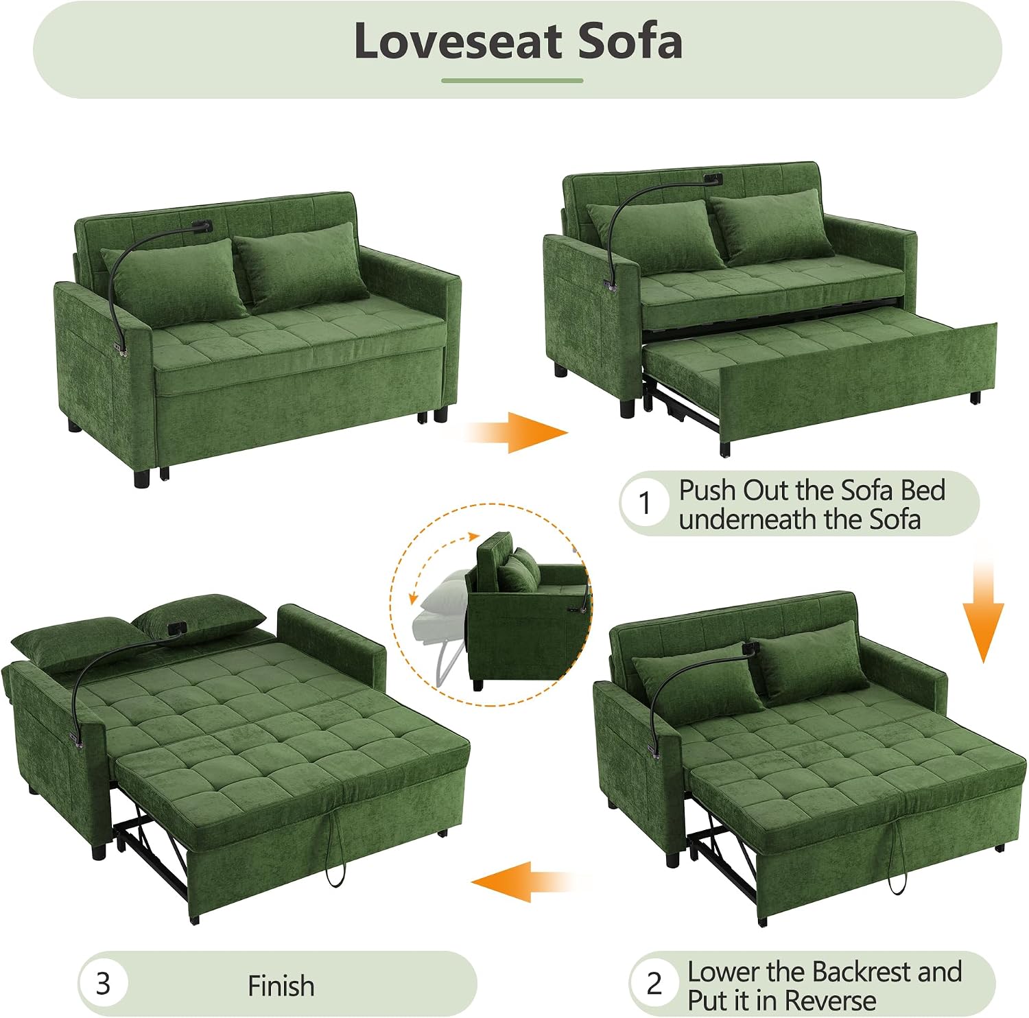 Merax 3 in 1 Convertible Sleeper Sofa Bed, Futon Couches for Living Room with USB Ports | Phone Holder| Reversible Backrest | Pull Out Couch |Small Loveseat, Green