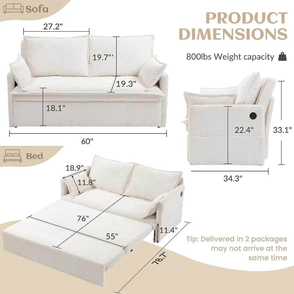 SUNWAVE 60' Pull Out Sofa Bed - Convertible Sleeper Sofa Bed, Corduroy Pull Out Couch Bed with USB Charging, Side Pockets for Living Room, Bedroom, Small Spaces (Cream, 60')