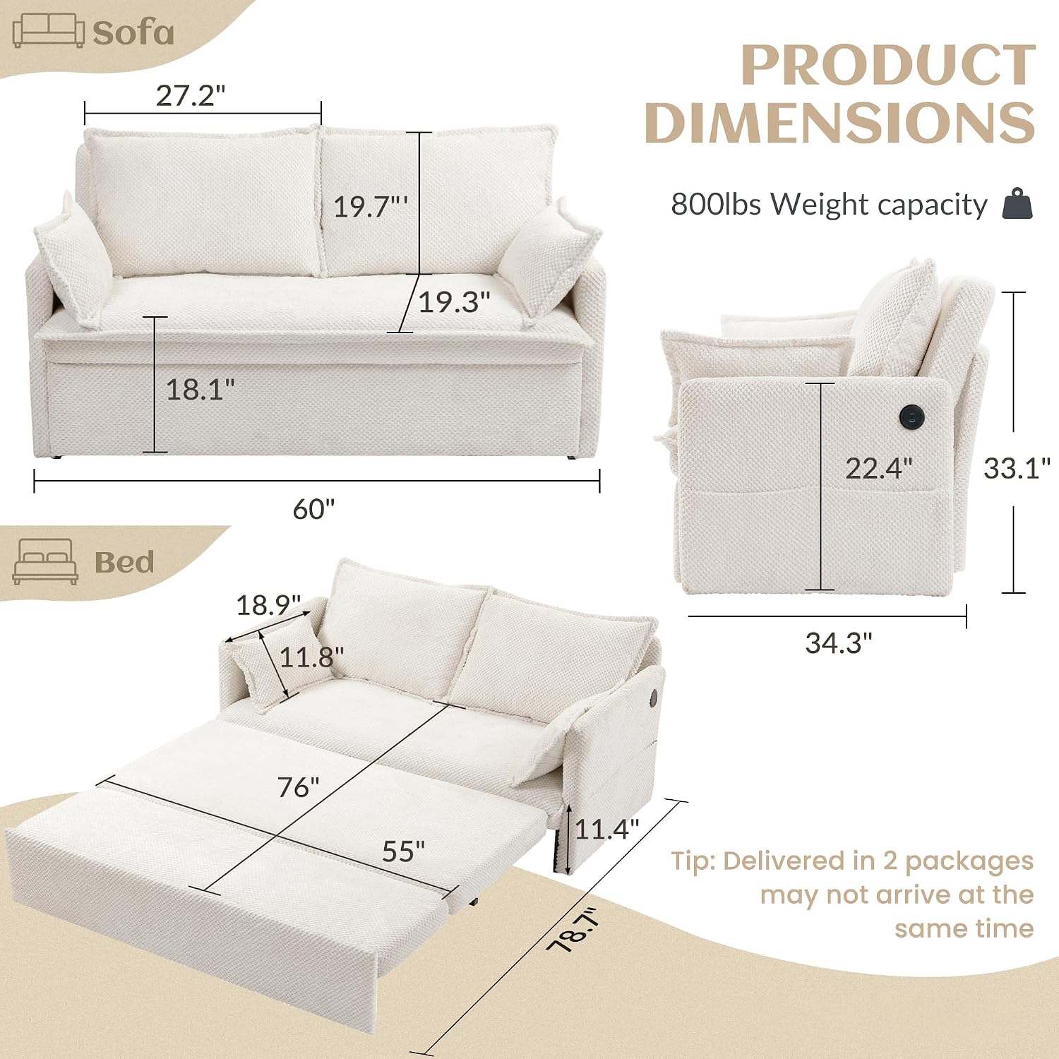 SUNWAVE 60' Pull Out Sofa Bed - Convertible Sleeper Sofa Bed, Corduroy Pull Out Couch Bed with USB Charging, Side Pockets for Living Room, Bedroom, Small Spaces (Cream, 60')