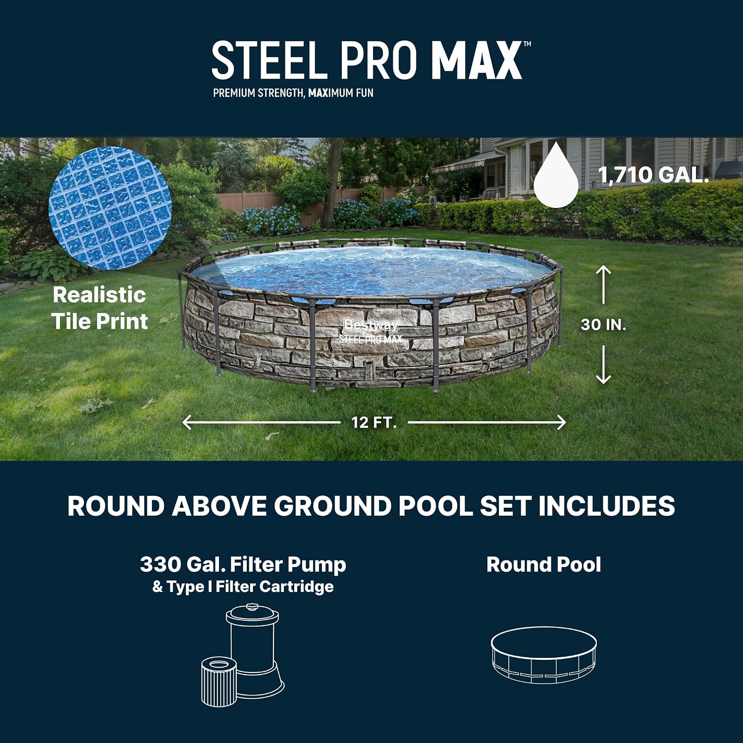 Bestway Steel Pro MAX 12' x 30' Above Ground Pool, Round Metal Frame Outdoor Swimming Pool Set with Filter Pump & Type I Cartridge, Stone Print