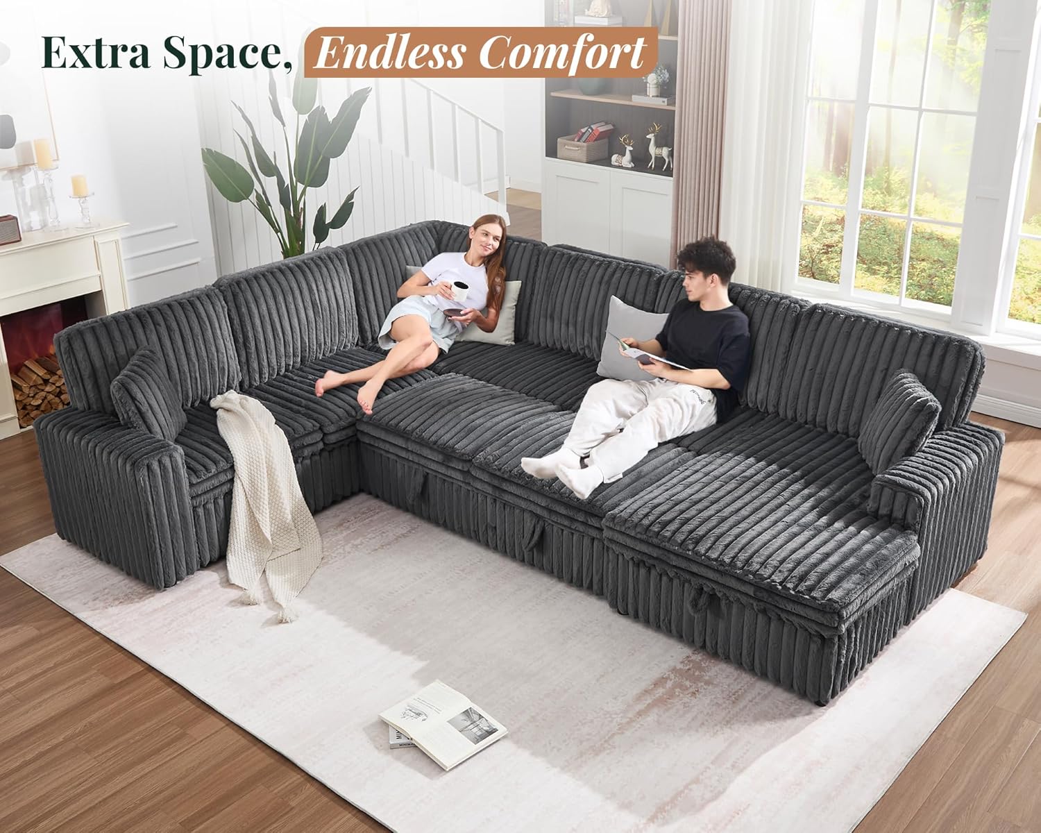 Jocisland 130' Sofa Bed, Sleeper Sofa, Pull Out Sleeper Couch with Storage, Convertible 6-Seater Sofa Bed for Living Room, Faux Fur Dark Grey