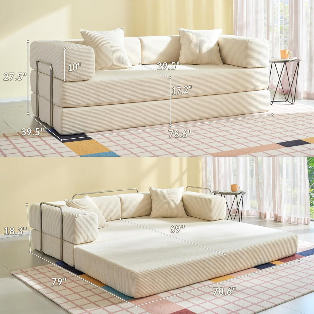 Compression Sofa - 78''Convertible Floor Sofa Bed - with Pillow Back Support Armrest - Comfy Foldable Sofa Bed Compressed Sofa in Box - Corduroy Fabric - for Living Room Bedroom(White)