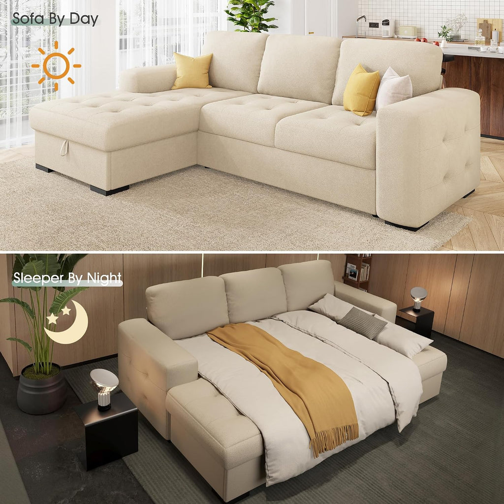 VanAcc 96' Sofa Bed Couch with Storage Chaise, Convertible Sleeper Sofa, Sleeper Couch with Pull Out Bed for Living Room(Beige)