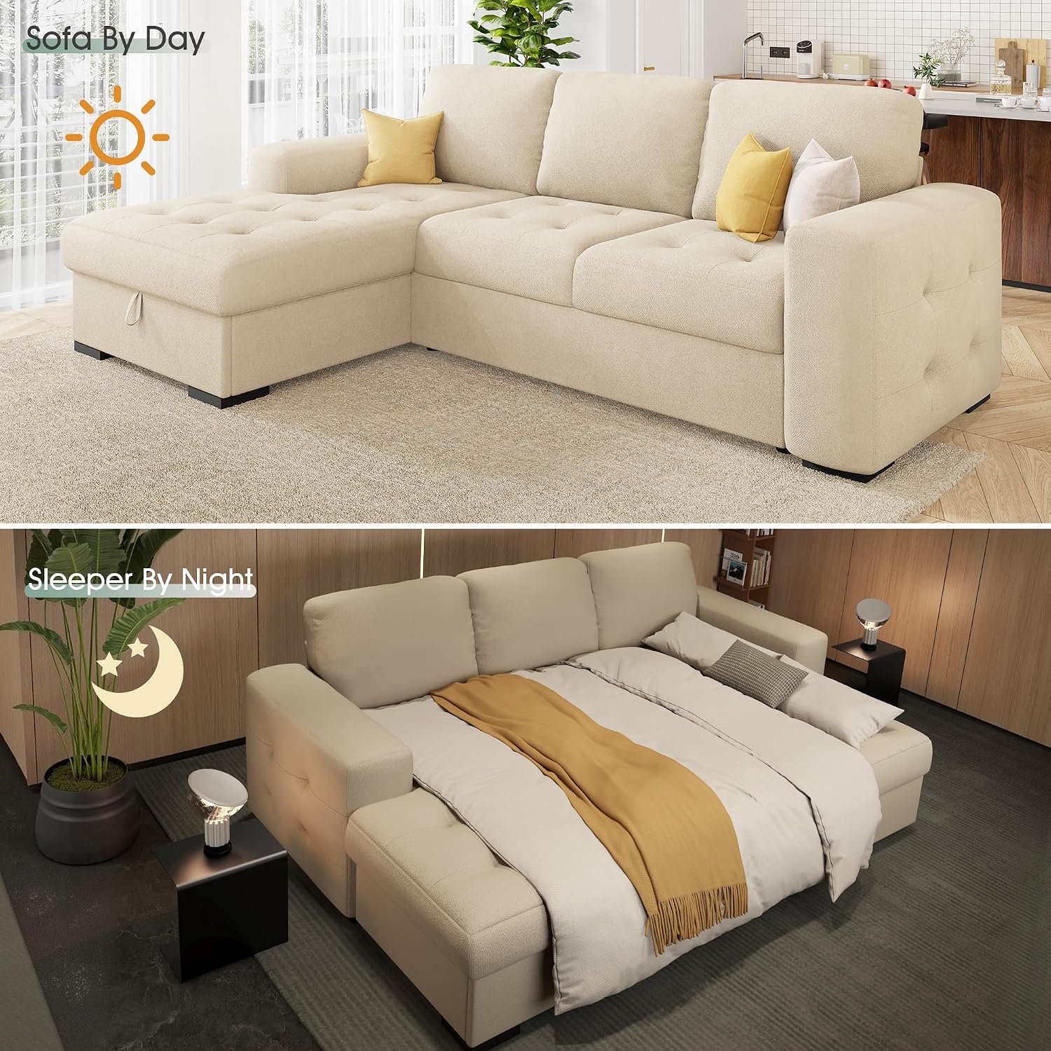 VanAcc 96' Sofa Bed Couch with Storage Chaise, Convertible Sleeper Sofa, Sleeper Couch with Pull Out Bed for Living Room(Beige)