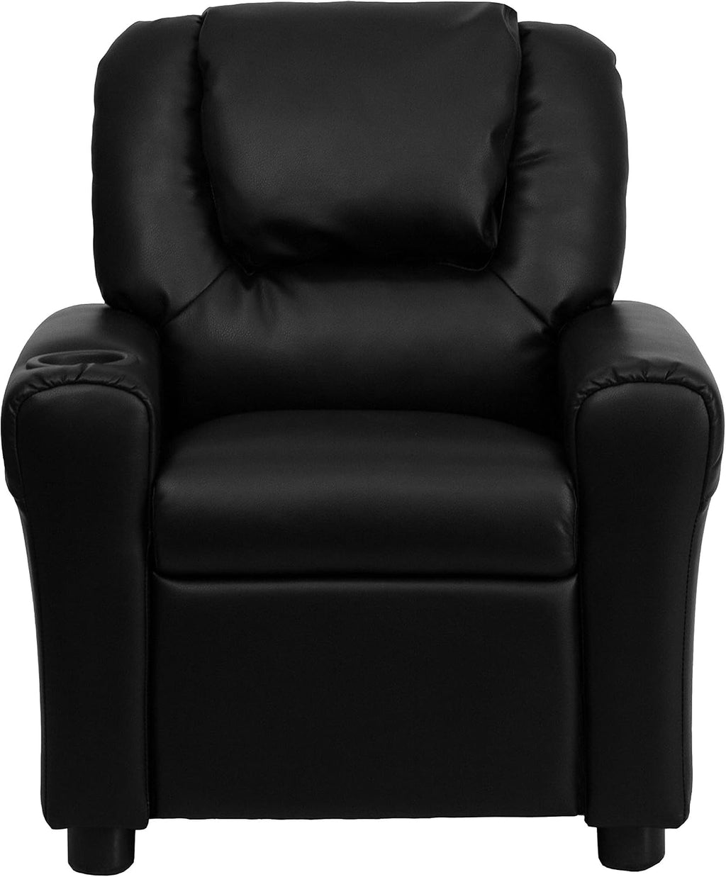 EMMA + OLIVER Black LeatherSoft Kids Recliner with Cup Holder and Headrest