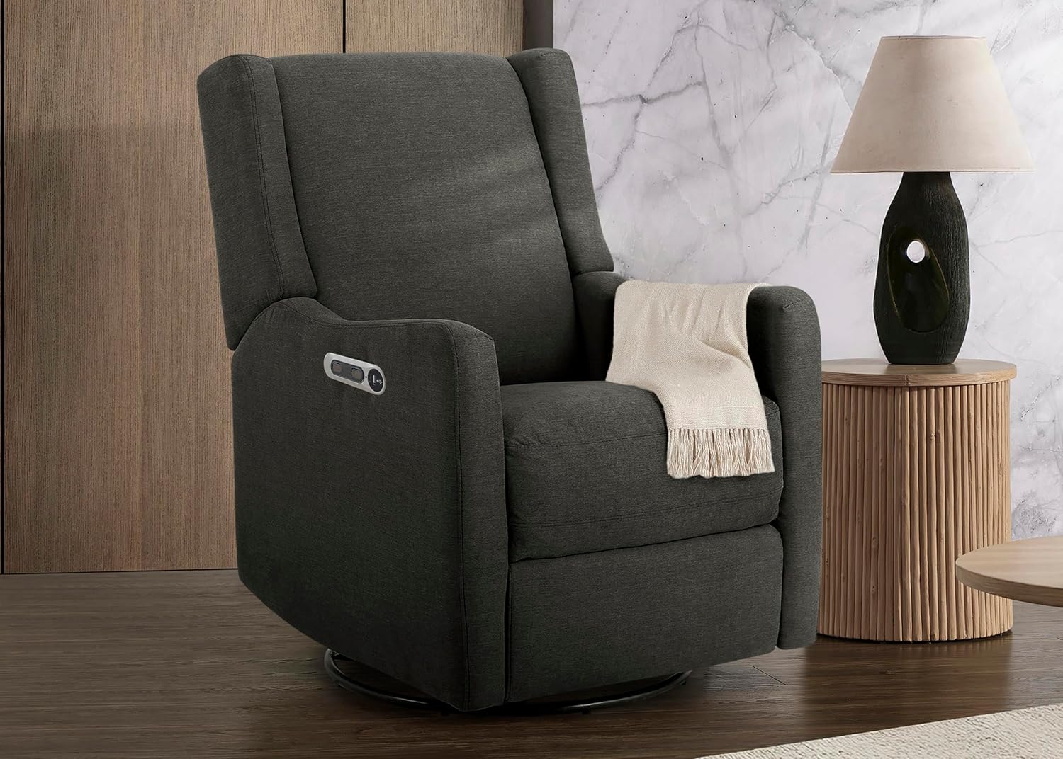Delta Children Mercer Electronic Power Recliner and Swivel Glider with USB Port in LiveSmart Performance Fabric - Water Repellent & Stain Resistant, Dark Grey
