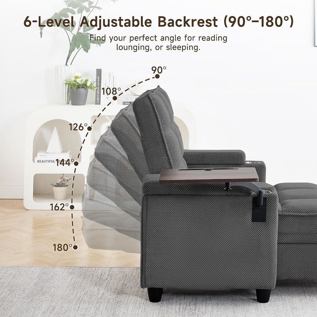 41.7' Chaise Lounge Chair Indoor, Oversized Boucle Upholstered Sofa Bed, Adjustable Backrest Deep Seat Reading Chair, Sofas Couches for Living Room with Storage, Cup Holders & 360° Swivel Side Table