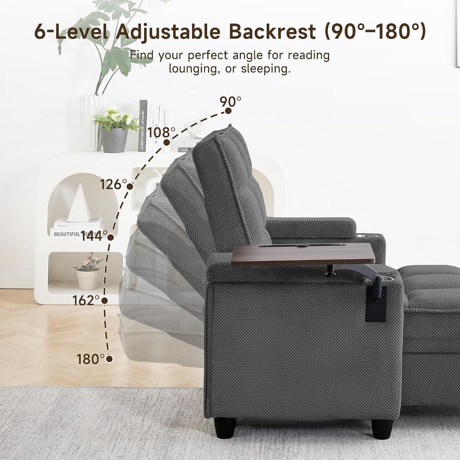 41.7' Chaise Lounge Chair Indoor, Oversized Boucle Upholstered Sofa Bed, Adjustable Backrest Deep Seat Reading Chair, Sofas Couches for Living Room with Storage, Cup Holders & 360° Swivel Side Table