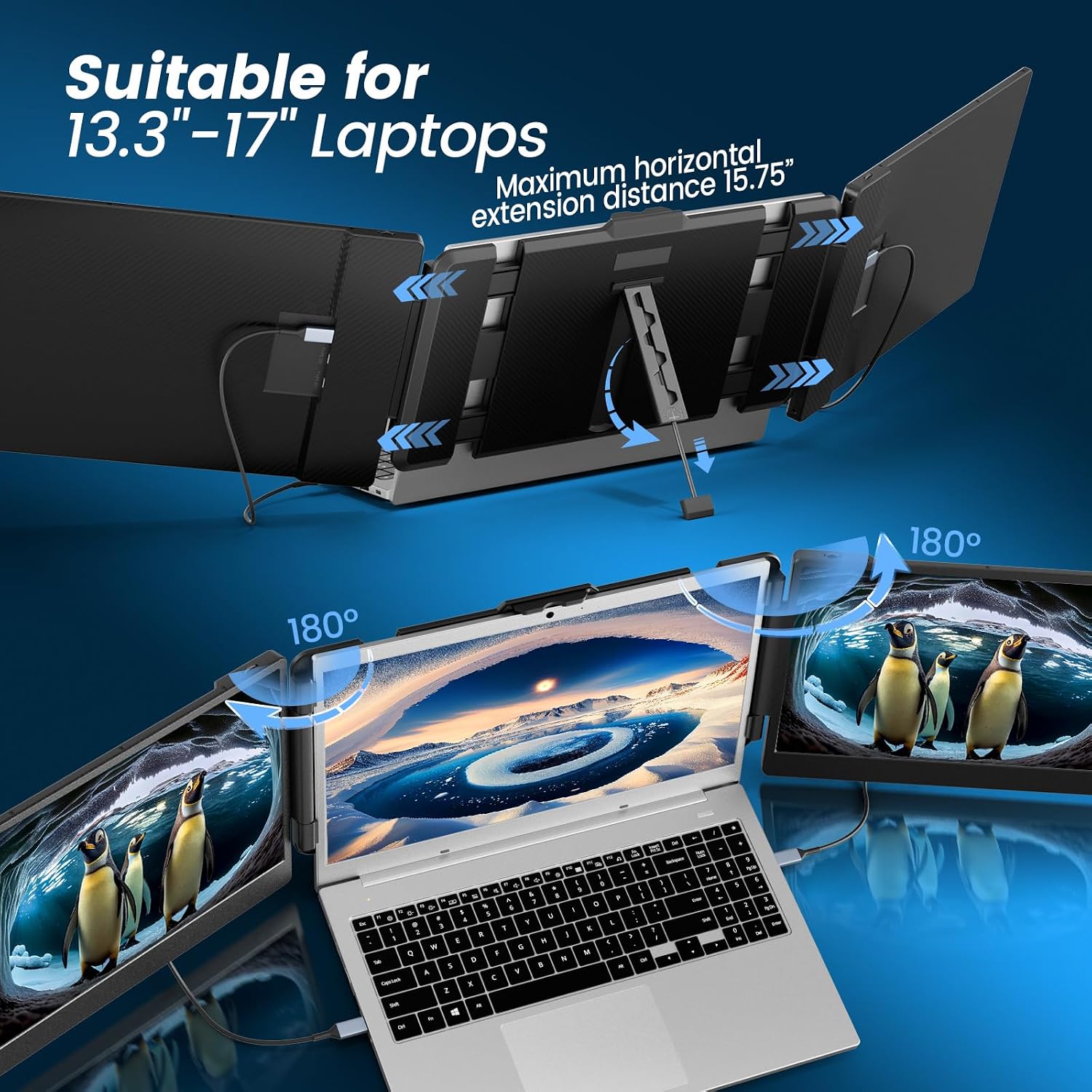 domyfan 14' Laptop Screen Extender, FHD 1080P IPS Triple Portable Monitor for Laptop, HDMI/USB-A/Type-C for Windows, Mac, Android, Chrome, Switch & PS5, Work with 13.3'-17' Laptops