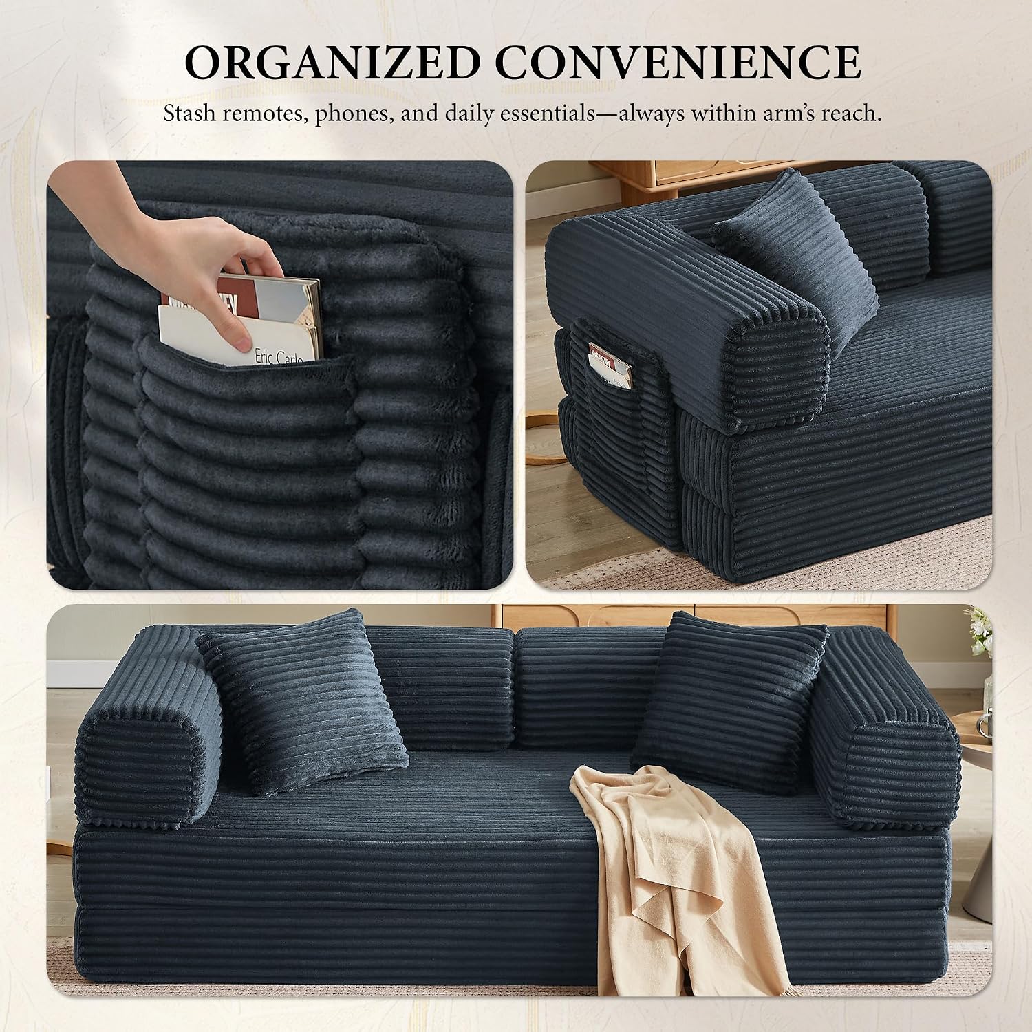 Boneless Couch Futon Sofa Bed Sectional Couches for Living Room,Cloud Couch with Sleeper Sofa,Sofas for Living Room Oversized Corduroy Upholstered (Gray, 81 Inches (with Iron Frame))