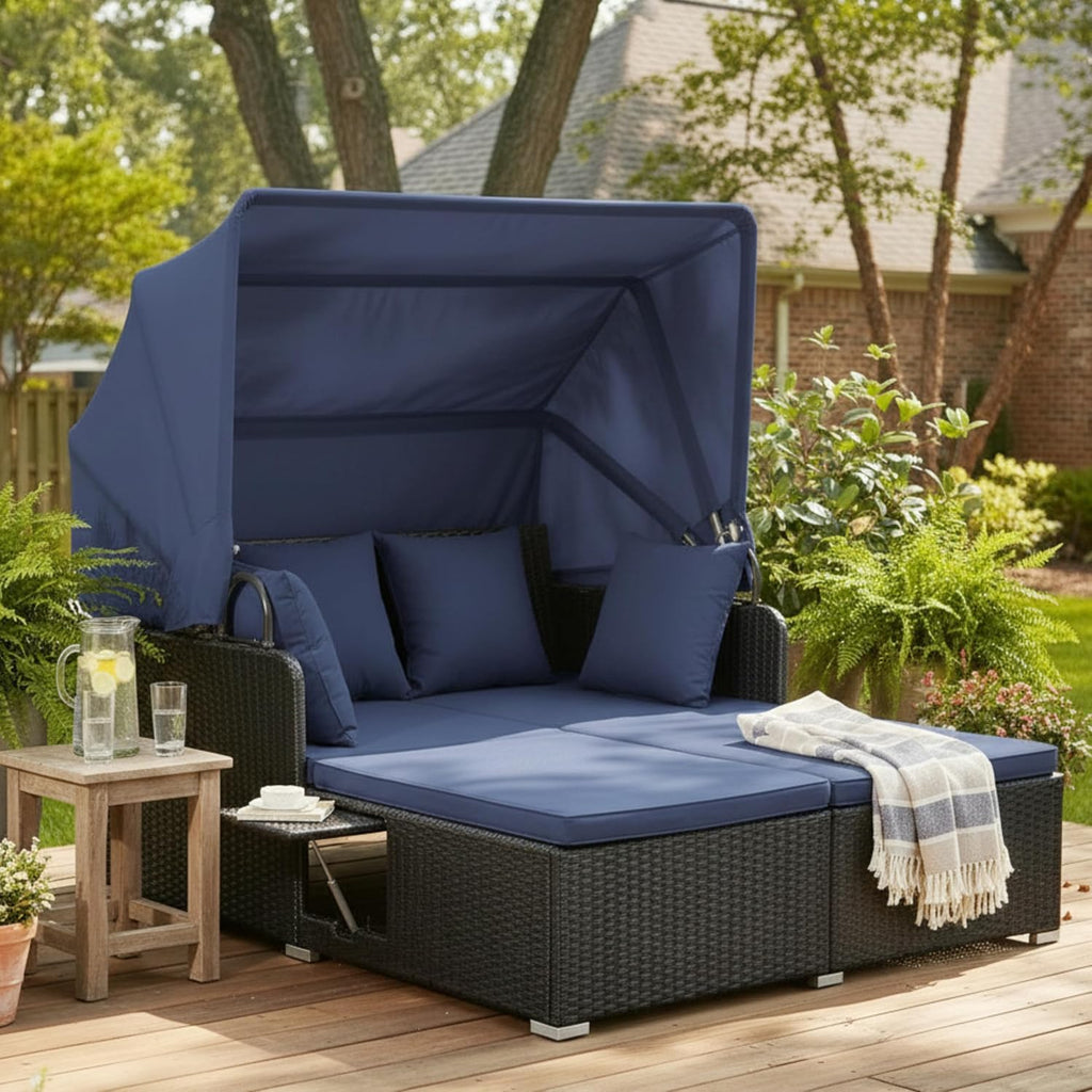 Tangkula Patio Rattan Daybed with Retractable Canopy, Outdoor Wicker Sunbed Lounger with 2 Foldable Side Tables, Thick Seat & Back Cushions, Outside Double Daybed for Garden, Backyard, Porch, Navy