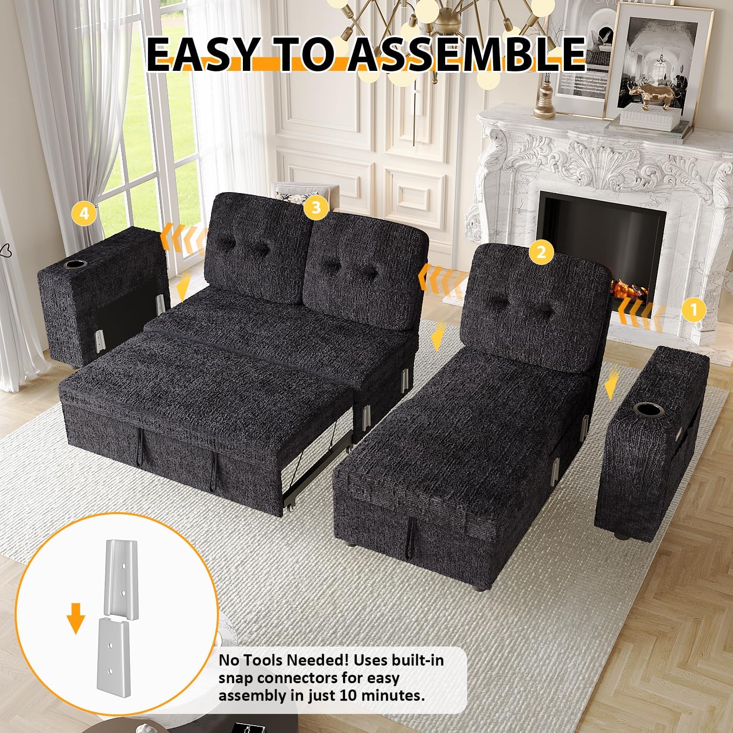 90 Inch Sleeper Sofa Bed, 4 in 1 Pull Out Couch Bed with Adjustable Backrest | Reversible Storage Chaise | Wide Armrest | Tool Free Assembly, Sectional Couches for Living Room, Black Chenille
