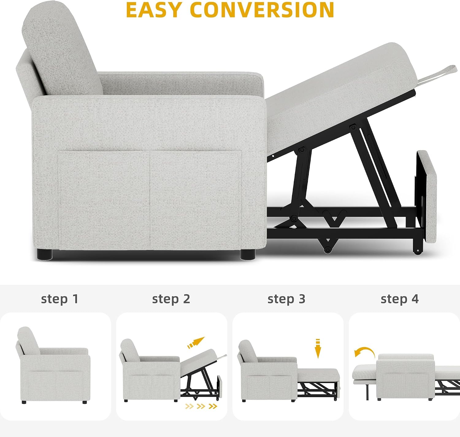 YITAHOME Convertible Sofa Chair Bed, 3-in-1 Linen Fabric Sleeper with Pull-Out Bed, Reclining Backrest & Wide Armrest, Beige