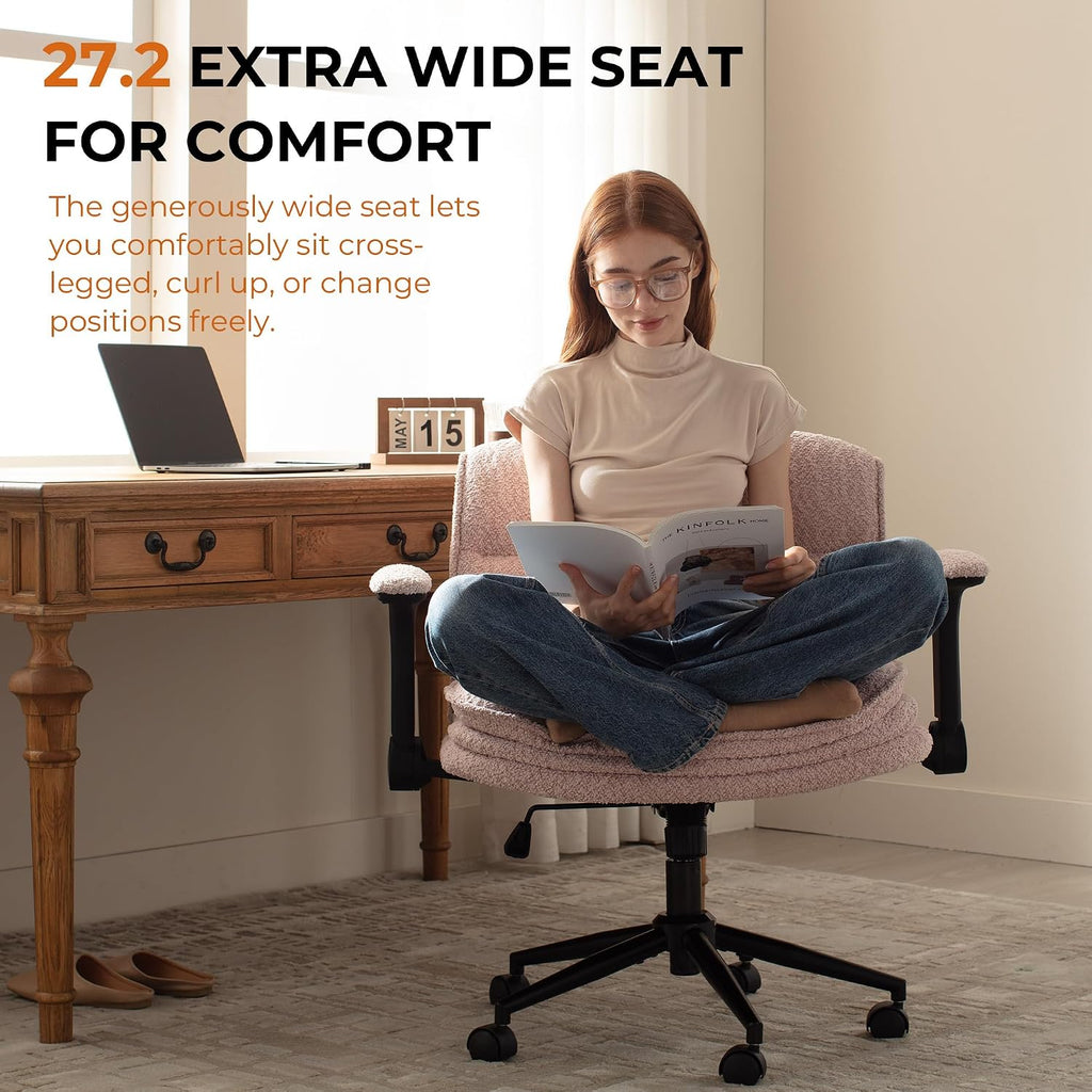 Dowinx Criss Cross Chair with Adjustable Flip-up Arms and Wheels, Comfort Ergonomic Office Desk Armchair with 3 Layer Cushions, Wide Seat Vanity Chair for Home Office, Living Room, Bedroom, Pink