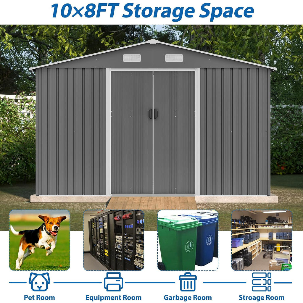 Jintop 10X8 FT Outdoor Storage Shed,Waterproof Garden Shed with Sliding Doors,All Weather Metal Heavy-Duty Tool Shed W/Vents, Foldable House for Garden Backyard, Lawn,Light Gray
