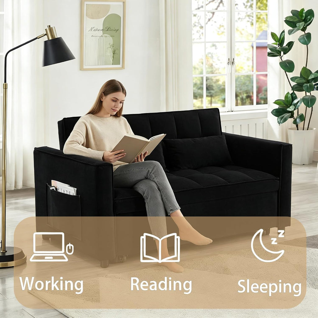 70' 3-in-1 Velvet Sleeper Sofa Bed, Convertible Pull Out Couch w/Adjustable Back, Armrests & Storage. Modern Black Futon for Living Room, Bedroom, Small Space - 2 Pillows Included Black