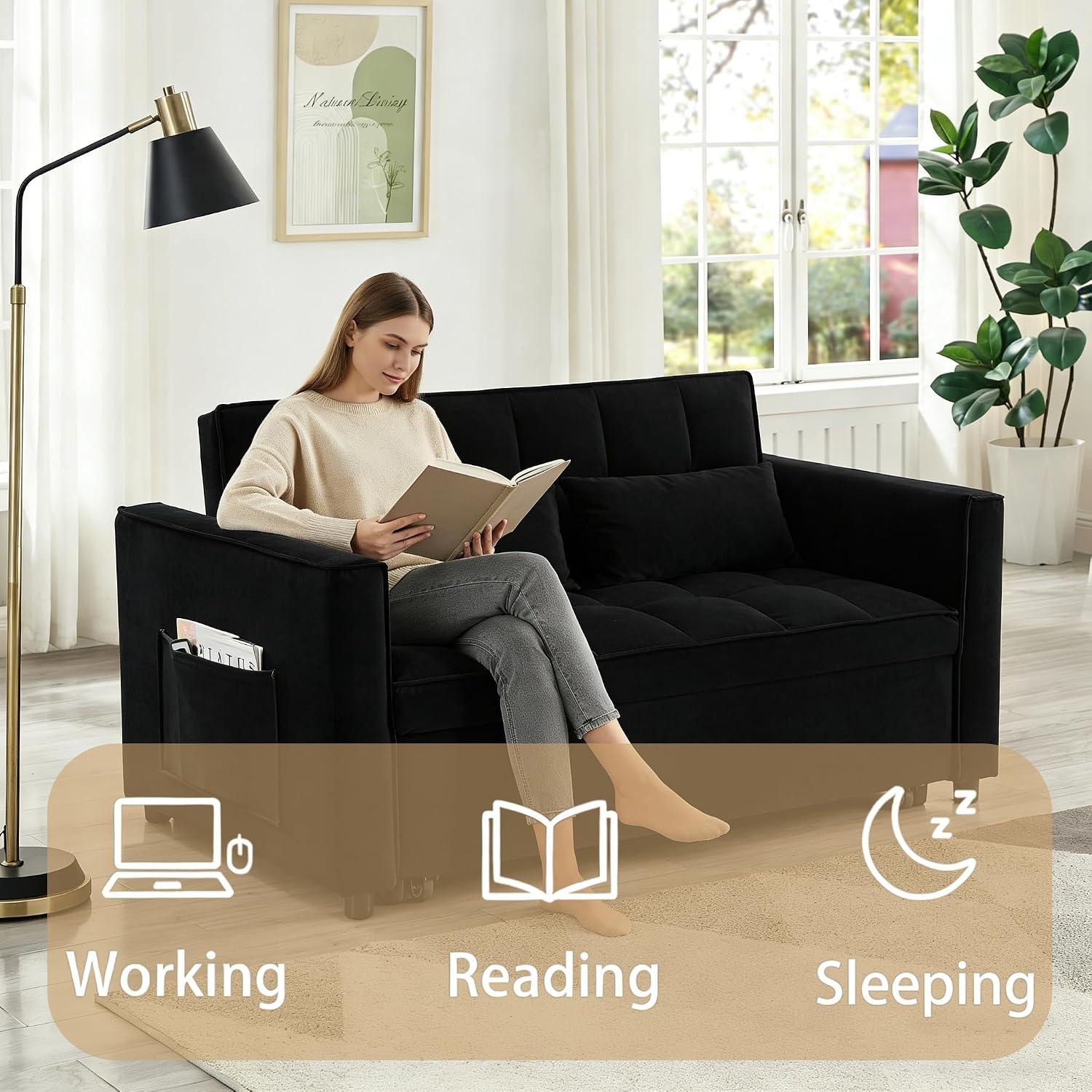 70' 3-in-1 Velvet Sleeper Sofa Bed, Convertible Pull Out Couch w/Adjustable Back, Armrests & Storage. Modern Black Futon for Living Room, Bedroom, Small Space - 2 Pillows Included Black