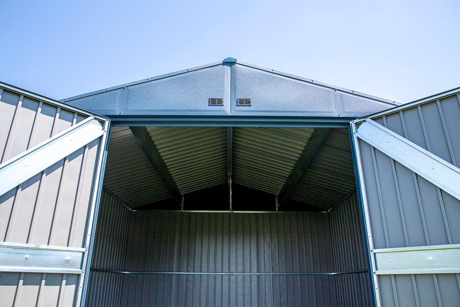 Arrow Shed Elite 12' x 12' Tall Outdoor Steel Storage Shed with High Gable and Lockable Doors Storage Building, Blue Grey
