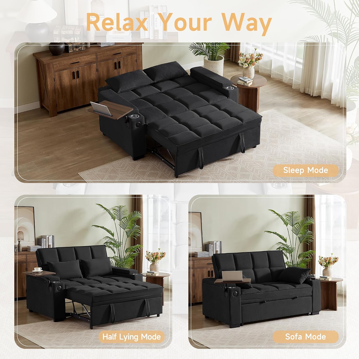 Auvsoce 65' Sleeper Sofa Bed Loveseat, Convertible Couch for Living Room, RV Sofa with Adjustable Backrest, Chaise Lounge, Side Table, USB & Type-C Ports