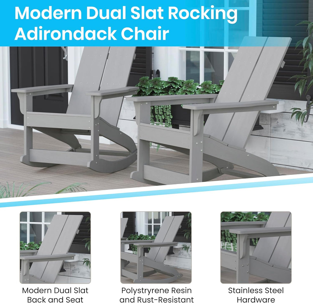 EMMA + OLIVER Harmon Adirondack Rocking Chair - Gray Poly Resin - Suitable for Indoor/Outdoor Use - All Weather Materials - Easy Assembly - 350 lb. Weight Capacity
