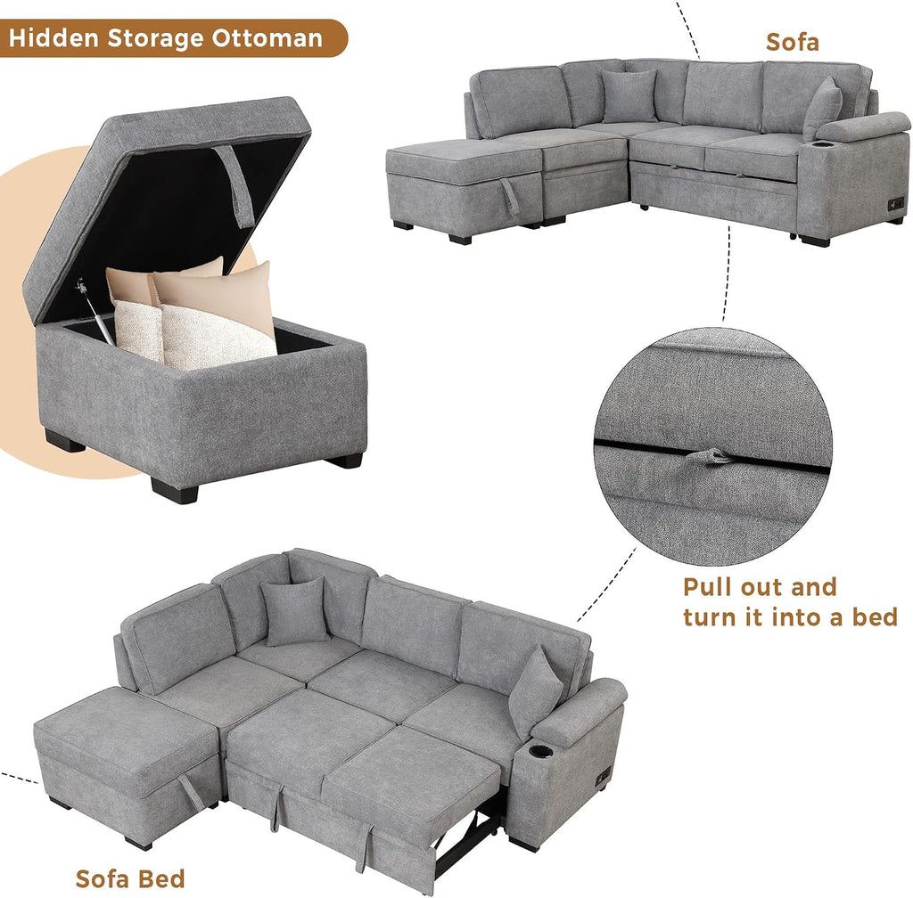 LUMISOL 87' Convertible Sleeper Sofa with Storage Ottoman, Pull Out Sofa Bed with Cup Holders & Charging Stations, L-Shaped Sectional Couch with Chaise for Living Room, Gray