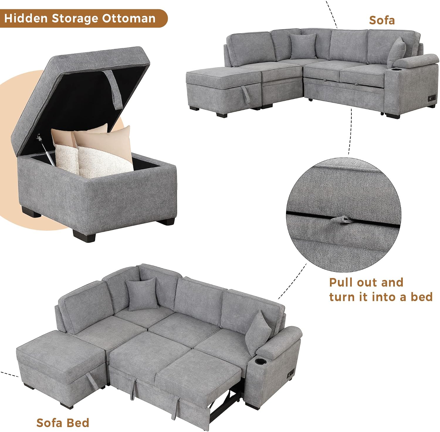 LUMISOL 87' Convertible Sleeper Sofa with Storage Ottoman, Pull Out Sofa Bed with Cup Holders & Charging Stations, L-Shaped Sectional Couch with Chaise for Living Room, Gray