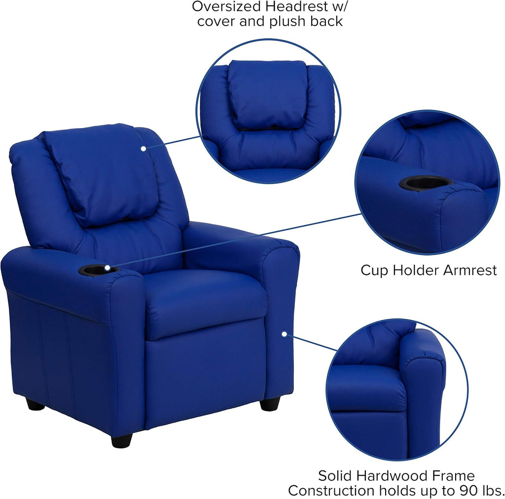 EMMA + OLIVER Blue Vinyl Kids Recliner with Cup Holder and Headrest